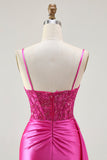 Fuchsia Mermaid Streamer Beaded Ruched Long Ball Dress with Slit