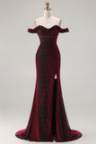 Off The Shoulder Black Red Corset Mermaid Long Ball Dress with Slit