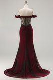 Off The Shoulder Black Red Corset Mermaid Long Ball Dress with Slit