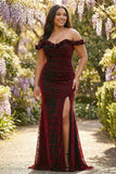 Off the Shoulder Black Red Mermaid Corset Plus Size Long Prom Dress with Slit