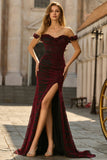 Off The Shoulder Black Red Corset Mermaid Long Ball Dress with Slit