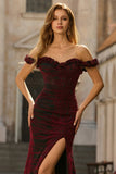 Off The Shoulder Black Red Corset Mermaid Long Ball Dress with Slit