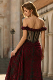 Off The Shoulder Black Red Corset Mermaid Long Ball Dress with Slit