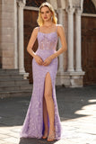 Purple Mermaid Spaghetti Straps Sheer Corset Lace Beaded Long Prom Dress with Slit