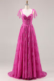 Fuchsia A-Line Beaded Floral Burnot Long Ball Dress with Lace Up Back