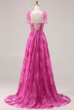 Fuchsia A-Line Beaded Floral Burnot Long Ball Dress with Lace Up Back