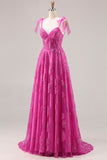 Fuchsia A-Line Beaded Floral Burnot Long Ball Dress with Lace Up Back