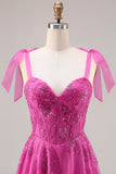 Fuchsia A-Line Beaded Floral Burnot Long Ball Dress with Lace Up Back