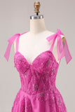 Fuchsia A-Line Beaded Floral Burnot Long Ball Dress with Lace Up Back