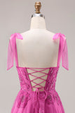 Fuchsia A-Line Beaded Floral Burnot Long Ball Dress with Lace Up Back