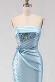 Blue Strapless Mermaid 3D Flower Sequin Long Ball Dress with Slit
