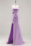 Strapless Purple Mermaid 3D Flower Sequin Long Ball Dress with Slit