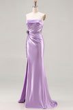Strapless Purple Mermaid 3D Flower Sequin Long Ball Dress with Slit