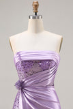 Strapless Purple Mermaid 3D Flower Sequin Long Ball Dress with Slit