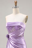 Strapless Purple Mermaid 3D Flower Sequin Long Ball Dress with Slit