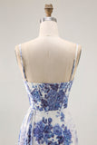 White Blue Floral Corset Sheath Cowl Neck Long Bridesmaid Dress with Streamer
