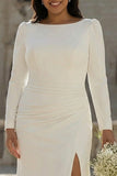Ivory Bateau Neck Bodycon Ruched Satin Plus Size Wedding Dress with Slit