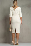 Ivory Plus Size Sheath Cowl Neck Midi Work Dress with Halft Sleeves