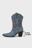 Dark Blue Wide Calf Pointed Toe Chunky Heel Embroidered Cowgirl Boots