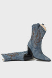 Dark Blue Wide Calf Pointed Toe Chunky Heel Embroidered Cowgirl Boots