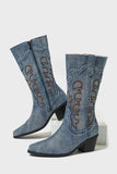 Dark Blue Pointed Toe Mid Calf Chunky Heel Embroidered Cowgirl Boots