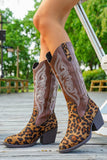 Brown Leopard Chunky Heel Wide Calf Embroidered Cowgirl Boots