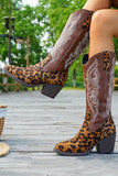 Brown Leopard Chunky Heel Wide Calf Embroidered Cowgirl Boots