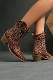 Brown Leopard Pointed Toe Chunky Heel Embroidered Cowgirl Ankle Boots
