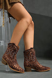 Brown Leopard Pointed Toe Chunky Heel Embroidered Cowgirl Ankle Boots