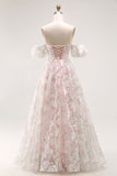 Cold Shoulder Blush Flower Printed A Line Long Prom Dress