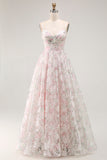 Cold Shoulder Blush Flower Printed A Line Long Prom Dress