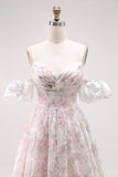 Cold Shoulder Blush Flower Printed A Line Long Prom Dress