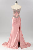 Blush Mermaid Strapless Corset Satin Long Prom Dress with Rhinestones