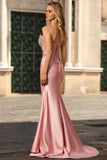 Blush Mermaid Strapless Corset Satin Long Prom Dress with Rhinestones