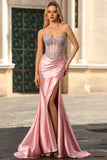 Blush Mermaid Strapless Corset Satin Long Prom Dress with Rhinestones