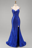 Royal Blue Beaded Mermaid Spaghetti Straps Corset Long Ball Dress with Slit