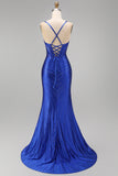 Royal Blue Beaded Mermaid Spaghetti Straps Corset Long Ball Dress with Slit