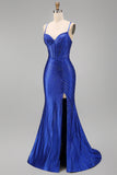 Royal Blue Beaded Mermaid Spaghetti Straps Corset Long Ball Dress with Slit