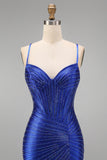 Royal Blue Beaded Mermaid Spaghetti Straps Corset Long Ball Dress with Slit
