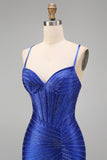 Royal Blue Beaded Mermaid Spaghetti Straps Corset Long Ball Dress with Slit