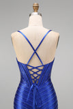 Royal Blue Beaded Mermaid Spaghetti Straps Corset Long Ball Dress with Slit