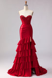 Red Mermaid Sweetheart Beaded Corset Ruffled Long Ball Dress with Slit