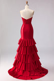Red Mermaid Sweetheart Beaded Corset Ruffled Long Ball Dress with Slit