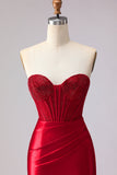 Red Mermaid Sweetheart Beaded Corset Ruffled Long Ball Dress with Slit