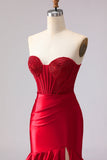 Red Mermaid Sweetheart Beaded Corset Ruffled Long Ball Dress with Slit