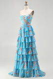 Strapless Blue A Line Corset Tiered Ruffle Floral Long Prom Dress with Slit