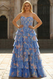 Dark Blue Strapless A-line Corset Chiffon Floral Long Plus Size Prom Dress with Ruffles