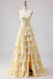 Yellow Strapless A-line Corset Bodice Floral Long Ball Dress with Chiffon Ruffle Skirt