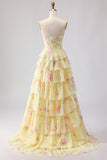 Yellow Strapless A-line Corset Bodice Floral Long Ball Dress with Chiffon Ruffle Skirt