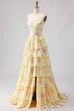 Yellow Strapless A-line Corset Bodice Floral Long Ball Dress with Chiffon Ruffle Skirt